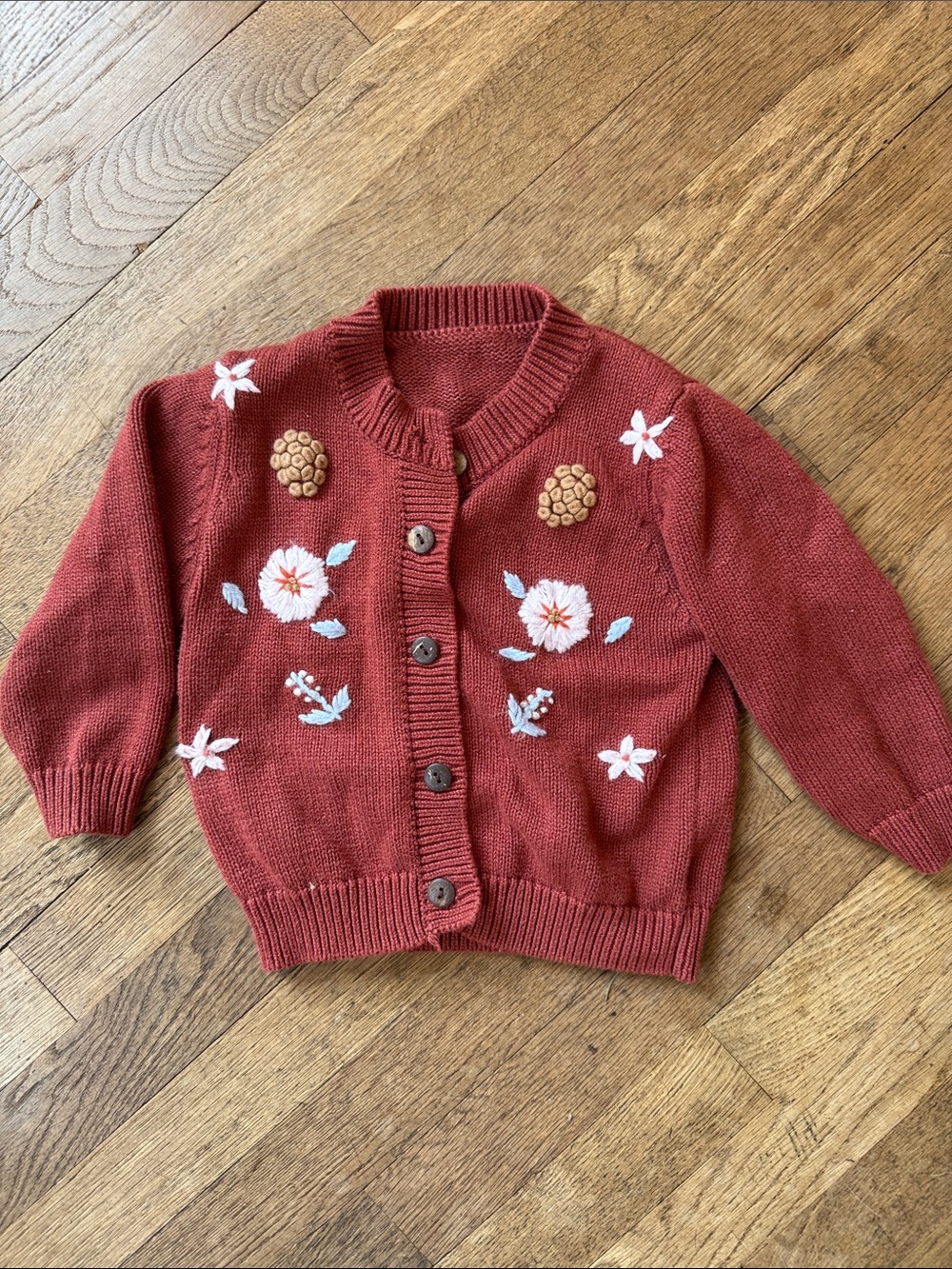 Rust Red Floral Embroidered Cardigan